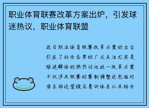 职业体育联赛改革方案出炉，引发球迷热议，职业体育联盟