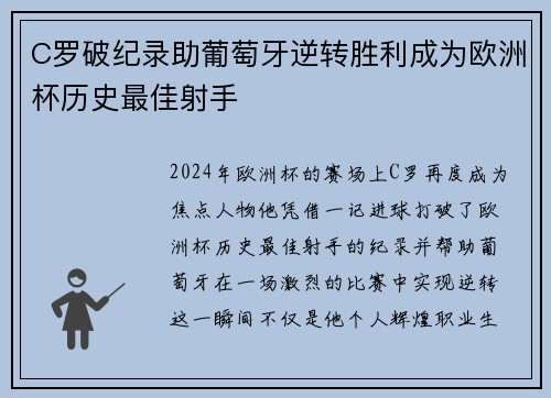 C罗破纪录助葡萄牙逆转胜利成为欧洲杯历史最佳射手 C罗破纪录助葡萄牙逆转胜利成为欧洲杯历史最佳射手