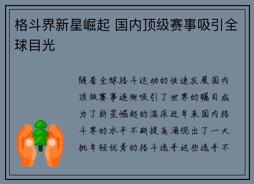 格斗界新星崛起 国内顶级赛事吸引全球目光